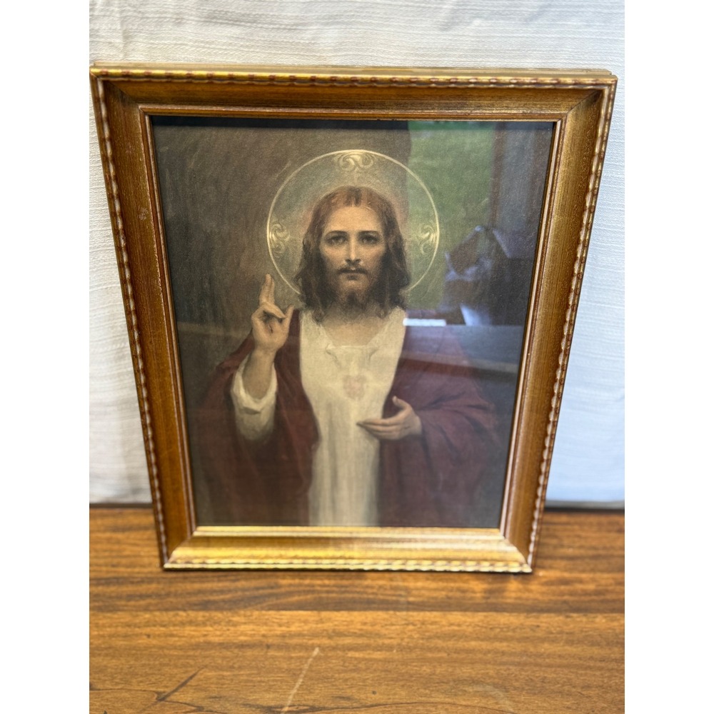 Vintage 1952 S. Rossignon Sacred Heart of Jesus Framed Print Gold Wood Art